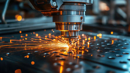 Close-up of automated industrial laser cutter making holes in metal sheet, creating sparks and demonstrating precision in modern manufacturingの素材