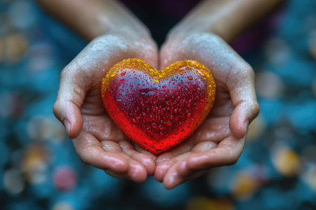 Wet hands gently holding a beautiful red and orange heart covered in droplets of water, symbolizing love, care, and givingの素材