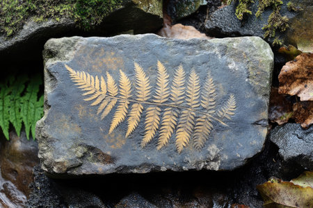 Golden fern fossil imprinted on a gray stone, surrounded by natural elements, creating a captivating scene of ancient lifeの素材