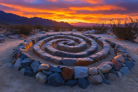 Spiral made of rocks reflecting sunset light in a desert landscape with mountains and bushesの素材