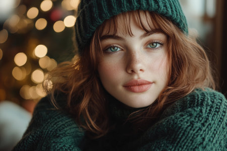 Portrait of beautiful young woman with freckles wearing green winter clothes and beanie posing near Christmas lightsの素材