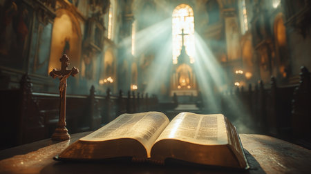 Open bible and crucifix symbolize faith and spirituality in a serene church setting, illuminated by sunlightの素材