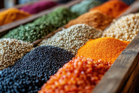 Various spices and legumes creating a colorful gradient in a market stallの素材