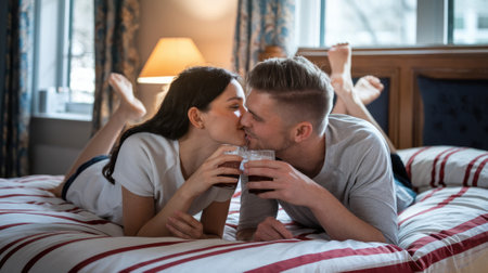 Young couple kissing and drinking juice in bed, enjoying a romantic morning togetherの素材