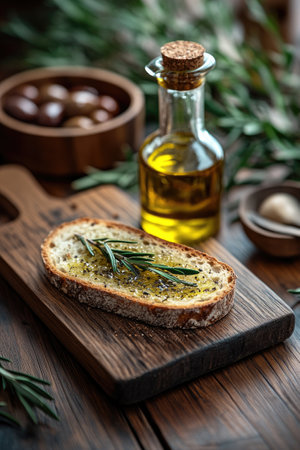 Delicious toasted bread seasoned with olive oil, rosemary, and spices, creating a flavorful and aromatic snack or appetizerの素材