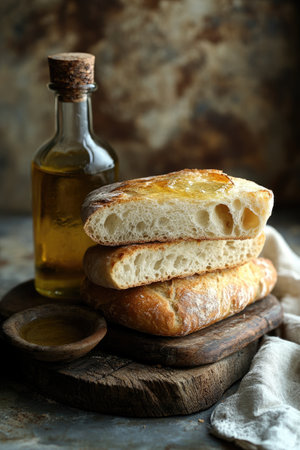Freshly baked ciabatta bread drizzled with golden olive oil, presented on a rustic wooden board, creating a simple yet appetizing sceneの素材
