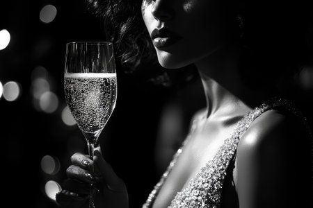 Black and white portrait of elegant woman holding glass of champagneの素材