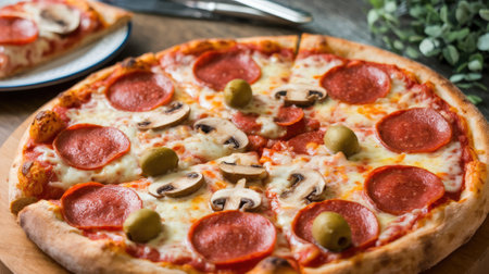 Freshly baked pizza featuring pepperoni, mushrooms, and olives, creating a classic and appetizing combinationの素材