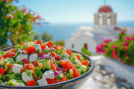 Plate of fresh Greek salad with tomatoes, cucumbers, olives and feta cheese served in Santorini, Greeceの素材