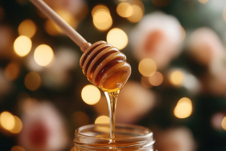 Honey dripping from wooden dipper into a jar with Christmas tree lights in the backgroundの素材