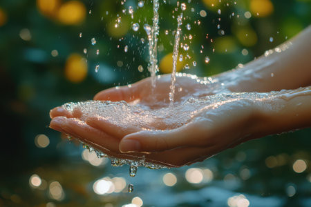Woman cupping hands to catch fresh, clean water outdoors, enjoying nature and the benefits of hydrationの素材