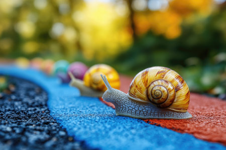 Colorful snails are crawling on a colorful path in a park during a sunny autumn dayの素材