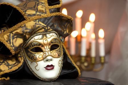 Elegant Venetian carnival mask with gold and black decorations, resting on a table with burning candles in the background, creating a mysterious and festive atmosphereの素材