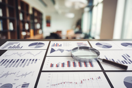 Magnifying glass is analyzing various statistical business charts and graphs printed on paper for financial reporting review in officeの素材