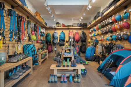 Wide variety of hiking and climbing equipment displayed on shelves and wooden tables in a sporting goods storeの素材