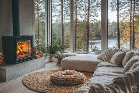 Modern fireplace is burning brightly, providing warmth and comfort to a cozy living room overlooking a serene lake surrounded by wintery treesの素材