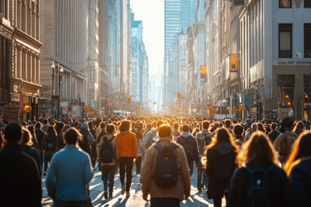 Large crowd of people is walking down Fifth Avenue in New York City at sunsetの素材