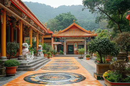 Ornate traditional Chinese temple showing detailed architecture and guardian lion statues with lush green mountain in the backgroundの素材