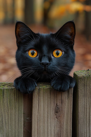 Curious black cat with striking orange eyes peeking over a weathered wooden fence in autumnの素材