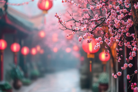 Pink plum blossoms and red lanterns create a festive atmosphere in a traditional Chinese streetの素材