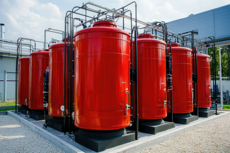 Large red industrial tanks storing chemicals or flammable materials in a modern facilityの素材