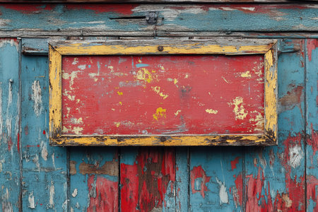 Close-up of an empty red sign with a yellow frame, hanging on a weathered wooden wall with peeling blue and red paintの素材