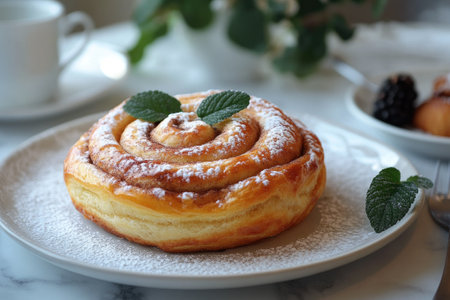 Freshly baked cinnamon roll sprinkled with powdered sugar and garnished with mint leaves sits on a white plate, ready to be enjoyedの素材