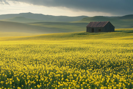Scenic view of a rapeseed field in bloom at sunset with an old barn and rolling hills in the backgroundの素材