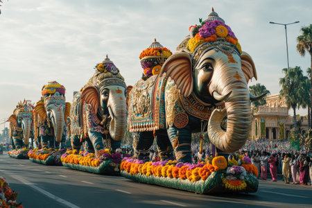 Ornately decorated elephants parading through the streets during the vibrant Mysuru Dasara festival in Indiaの素材
