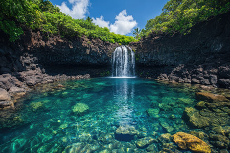 Stunning waterfall cascades into a crystal-clear turquoise pond surrounded by lush tropical jungle vegetation, creating a tranquil oasisの素材