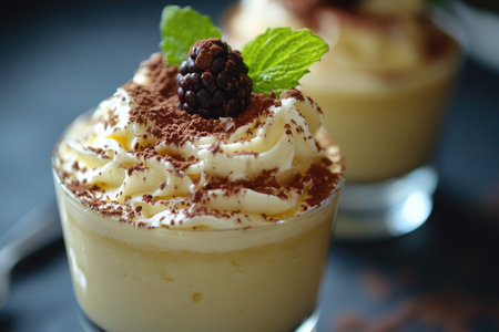 Creamy dessert served in a glass, topped with whipped cream, cocoa powder, blackberry and mint leafの素材