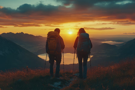 Two hikers enjoying breathtaking sunrise over mountain valley with lake, feeling freedom and adventure in natureの素材