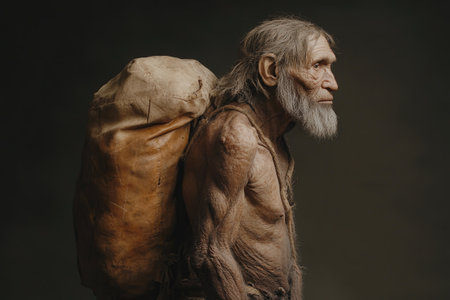 Neanderthal man from the paleolithic era carrying supplies on his backの素材
