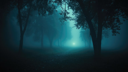 Sunlight is trying to break through a thick fog as it illuminates the forest floorの素材