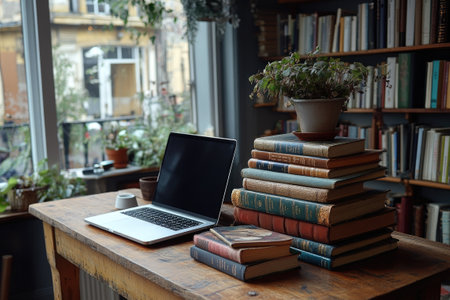 Vintage books and modern laptop create a cozy workspace in a home library, blending old and newの素材
