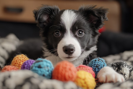 Cute black and white border collie puppy is lying down on a blanket and looking curious, surrounded by colorful balls of yarnの素材