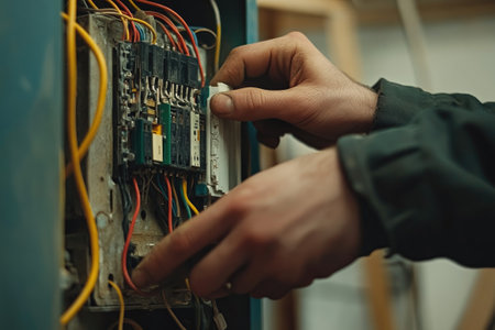 Electrician working on an old electrical panel, connecting wires and checking the systemの素材