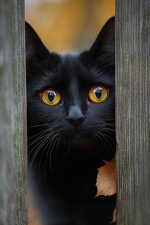 Adorable black kitten with striking orange eyes peeking through a gap in a weathered wooden fence adorned with autumn leavesの素材
