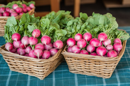 Vibrant pink radishes with green leafy tops fill two wicker baskets, ready for sale at a local farmers marketの素材
