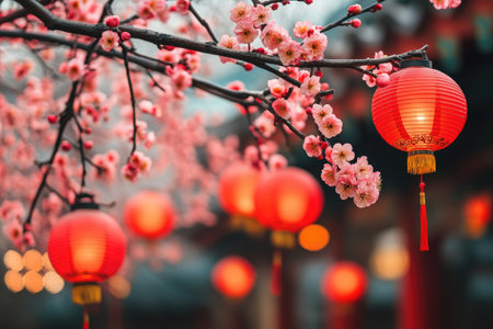 Beautiful red lanterns hanging from blooming sakura branches creating a festive atmosphere during the Chinese New Year celebrationの素材