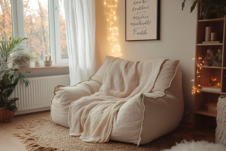 Cozy living room interior with bean bag chair, blanket, and warm lighting creating a relaxing atmosphereの素材