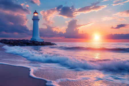 Ocean waves crashing on the shore at sunset with a lighthouse in the backgroundの素材