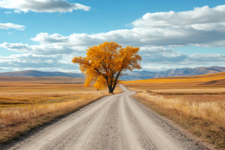 Scenic view of a winding dirt road leading towards a vibrant golden tree amidst a vast autumn field, with rolling hills and a cloudy blue sky in the backgroundの素材