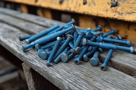 Carriage bolts and screws painted blue lying on weathered wooden planks create a striking contrastの素材