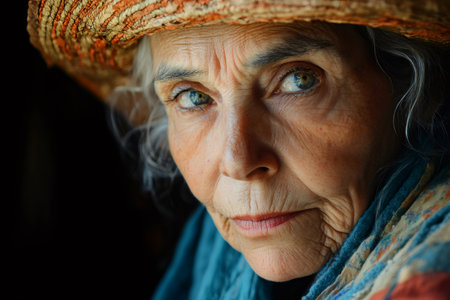 Close-up portrait of a senior farmer woman with a straw hat, her face showing wrinkles and experienceの素材