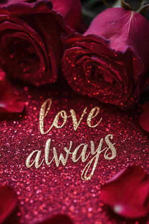 Romantic background featuring red roses, petals, and a golden love always message on a glittery surface, perfect for Valentine's Dayの素材