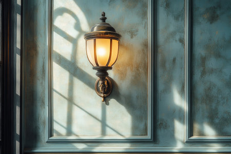 Light fixture casting a warm glow on a textured wall, creating a cozy ambiance in a vintage or traditional settingの素材