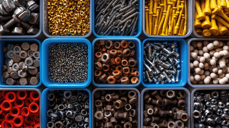Colorful small metal parts, screws, nuts, and bolts organized in plastic containers, creating a visually appealing arrangementの素材