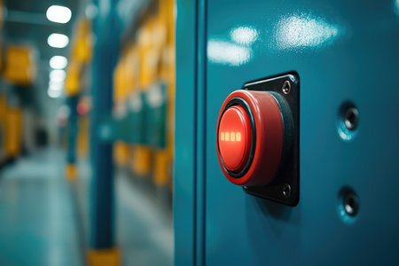 Illuminated red emergency button on control panel flashing in industrial warehouse or factory settingの素材