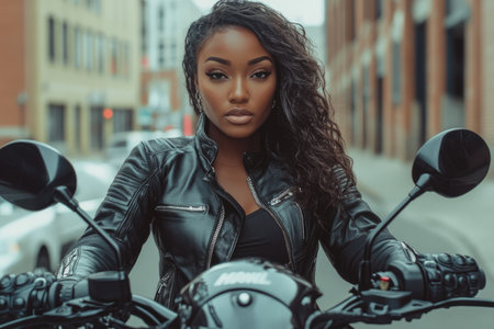 Stylish female biker posing on her motorcycle in urban environmentの素材